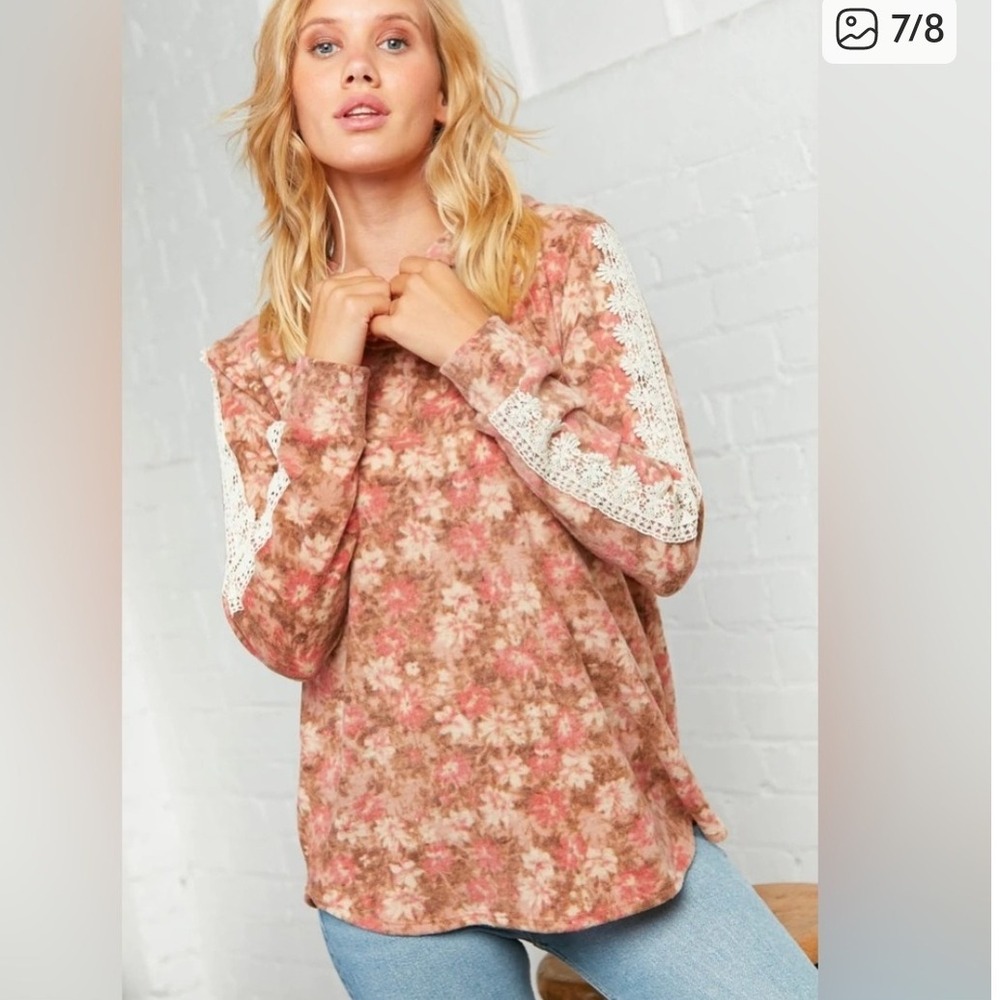 Haptics by Holly Harper Floral Lace Trim Hoodie Sweatshirt Pink Brown Size‎ S